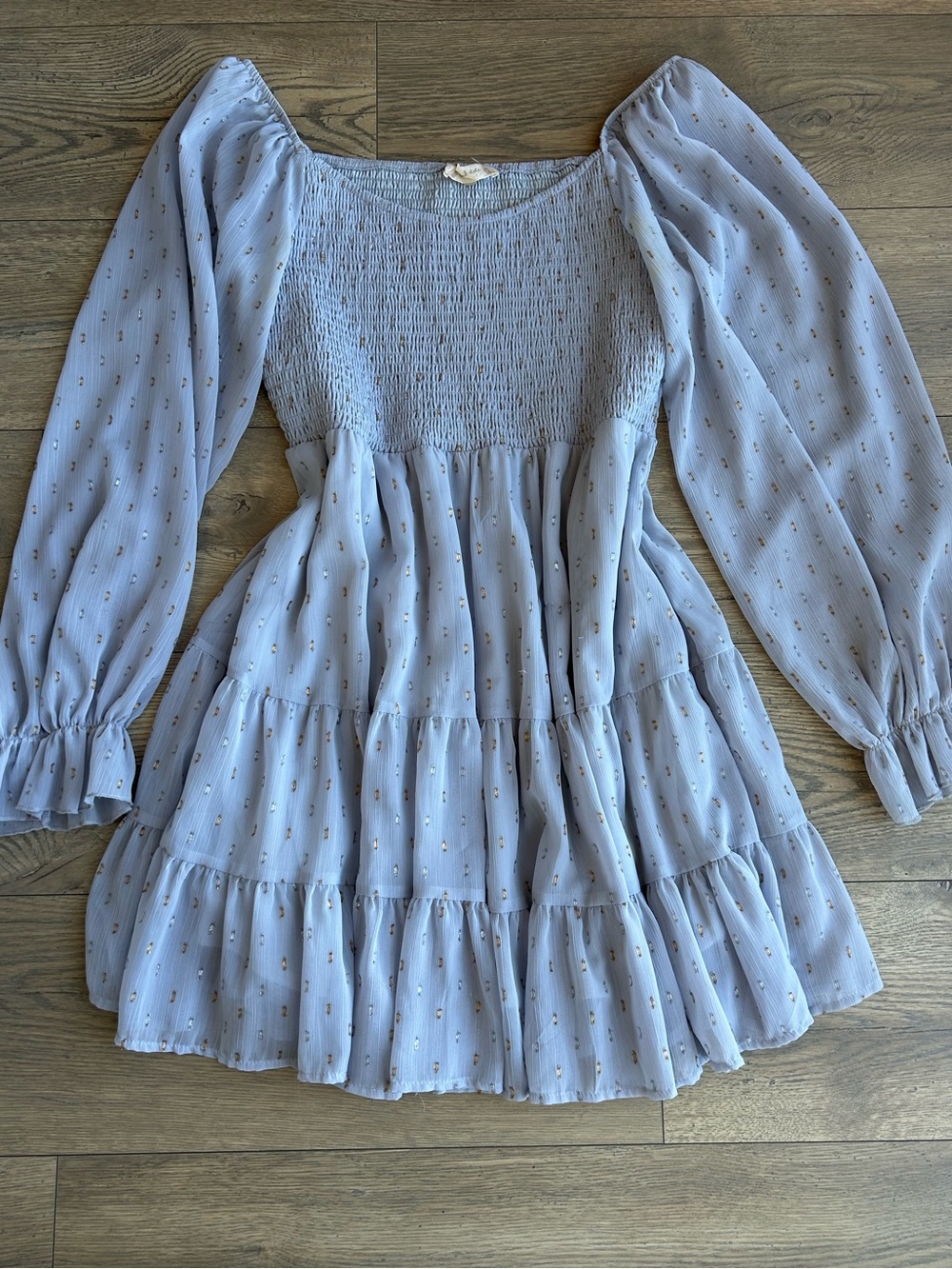 Altar'd State Light Blue Smocked Tiered Dress with Gold & Silver Dot Accents